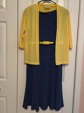 Cap sleeve navy polka dot dress with yellow belt & cardigan